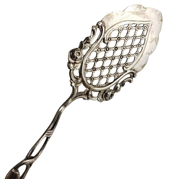 Antique German 800 European Silver Rose Pattern Pastry Tong & Server Set - Picture 2 of 11